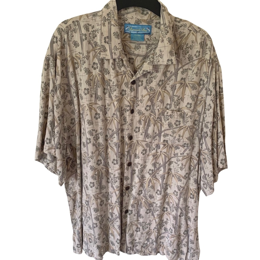 Bermuda Bay XXL Silk Button Up Hawaiian Shirt Beige Bamboo Floral Tropical Print